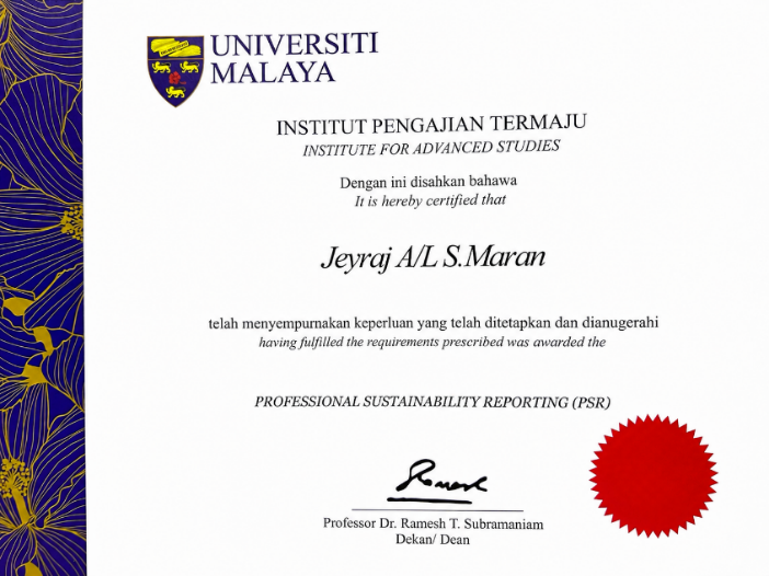 Professional Sustainability Reporting certificate from Universiti Malaya